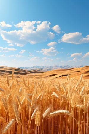 Wheat field and blue sky with clouds. 3D illustration.の素材