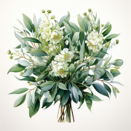 Beautiful bouquet of white flowers and eucalyptus branches. Vector illustrationの素材