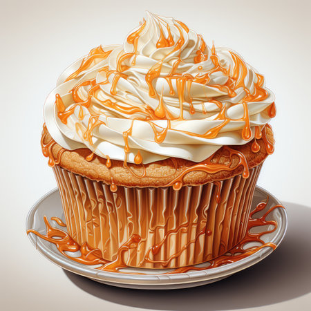 Cupcake with whipped cream and caramel on a white background.の素材