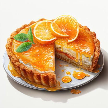 Tart with orange and mint on a white background, top viewの素材