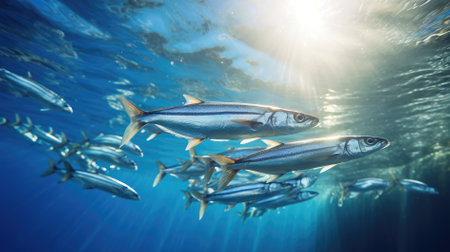 anchovies swimming in groups in the waterの素材