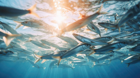 anchovies swimming in groups in the waterの素材