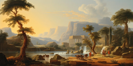 Digital painting of a group of camels in front of a waterfallの素材