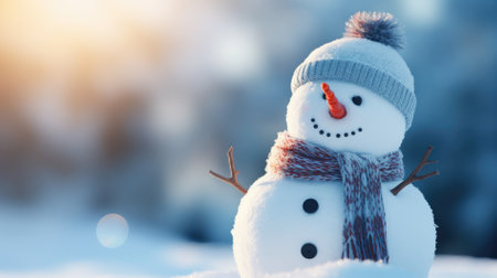 Snowman in warm hat and scarf on the background of the winter forest.の素材