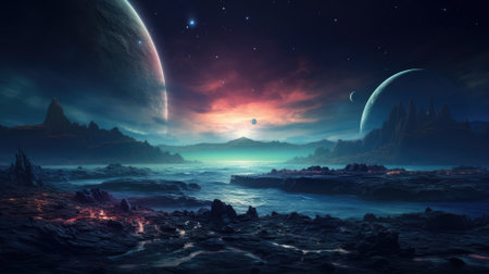 Fantasy alien planet. Mountain and lake. 3D illustration.の素材