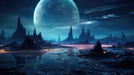 Fantasy alien planet. Mountain and lake. 3D illustration.の素材