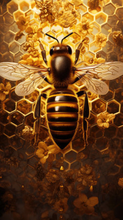 Honeycomb with bees and honeycombs on a brown backgroundの素材