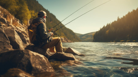 Fisherman with fishing rod sitting on the edge of a mountain riverの素材