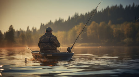 Fisherman in a boat on the background of the autumn forest.の素材