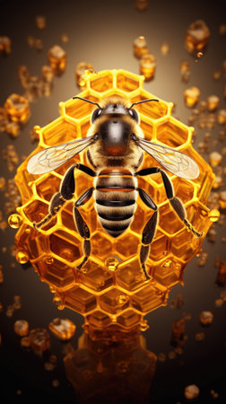 Honeycomb with honey and bee isolated on black background. 3d illustrationの素材