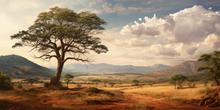 African savannah landscape panorama with baobab tree and mountainsの素材