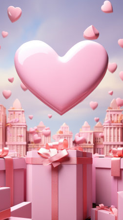 Simple pink heart-shaped balloons floating in the cloudsの素材