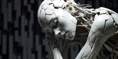 3D rendering of a female skeleton in a reflective position on a black backgroundの素材