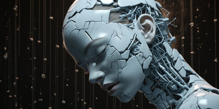 Cyborg Woman with Digital Background 3D Illustration. Conceptual 3D rendering of cyber woman.の素材