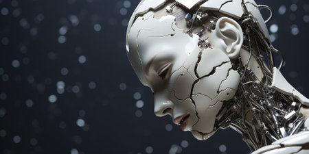 Cyborg female face with cracked skin 3D render on dark backgroundの素材