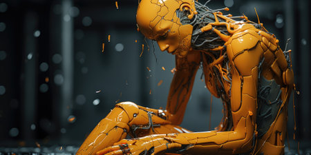 3d rendering of a female robot with blood on her body.の素材