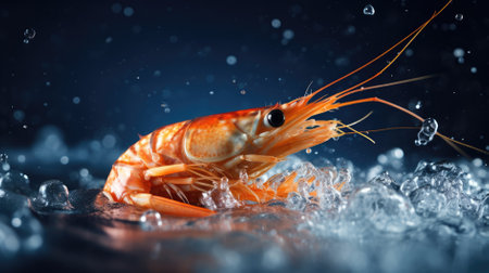 Shrimp with ice on dark background. Shrimps in water.の素材