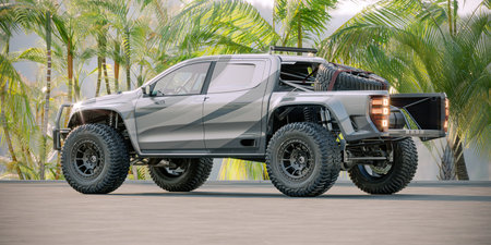 3D rendering of a brand-less generic rally pickup truckの写真素材