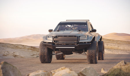 3D rendering of a brand-less generic rally pickup truckの写真素材