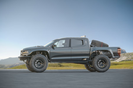 3D rendering of a brand-less generic rally pickup truckの写真素材