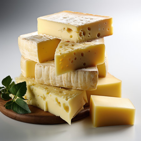 Cheese collection, pieces of Swiss emmental cheese on wooden boardの素材