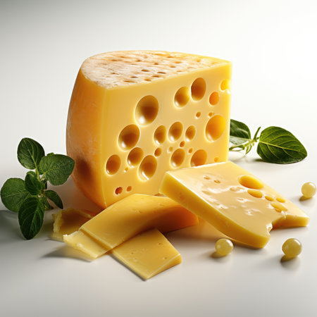 Cheese collection, piece of yellow cheese and green olives on white backgroundの素材
