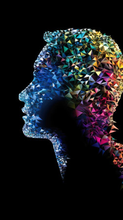 3d rendering of a human head made of colorful polygonal shapesの素材