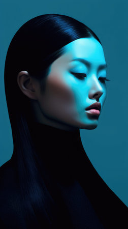 Fashion portrait of a beautiful asian woman with dark hair.の素材