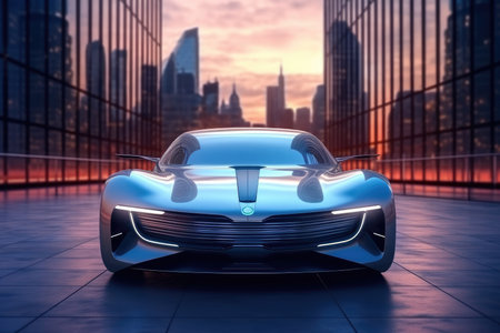 3D rendering of a brand-less generic concept car in the cityの素材