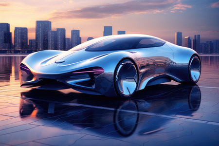 3D rendering of a brand-less generic concept car in the cityの素材