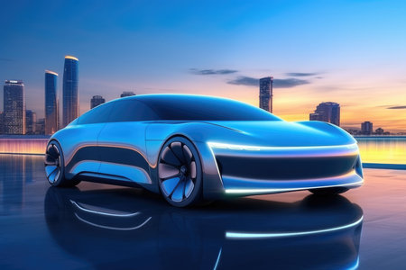 3D rendering of a brand-less generic concept car in the cityの素材