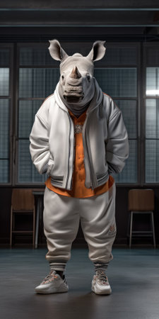 White Rhinoceros in a white jacket and orange t-shirtの素材