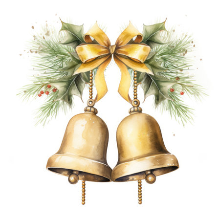 Watercolor Christmas bells with bow. Hand drawn illustration isolated on white backgroundの素材