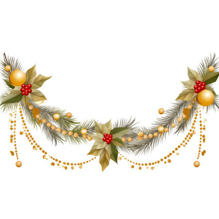 Christmas decoration with evergreen treess holly berry and golden beadsの素材