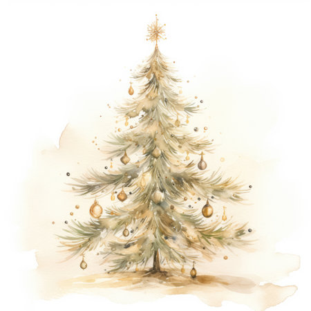 Watercolor illustration of a Christmas tree with gold ornaments, on a white backgroundの素材