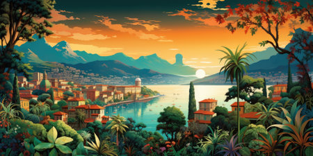Fantasy landscape with lake, mountains and city. Digital painting.の素材