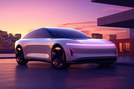 3D rendering of a brand-less generic concept car in the cityの素材