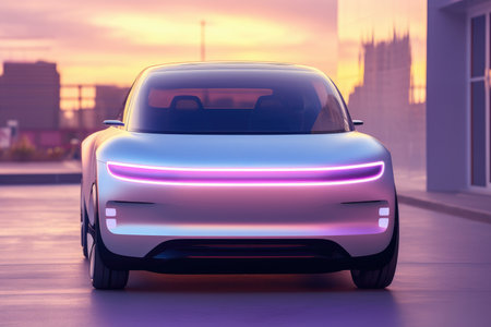 Modern electric car on the city street at sunset. 3d renderingの素材