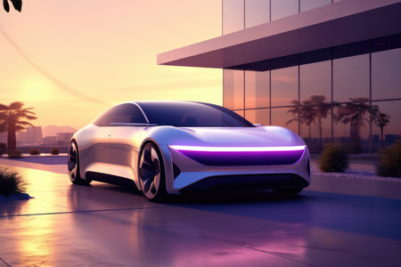 3D rendering of a brand-less generic concept car in the cityの素材