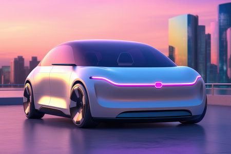 3D rendering of a brand-less generic concept car in the cityの素材