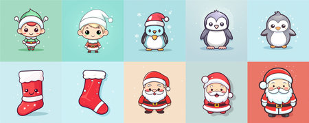 Cute christmas characters. Santa Claus, penguin, snowman. Vector illustrationの素材