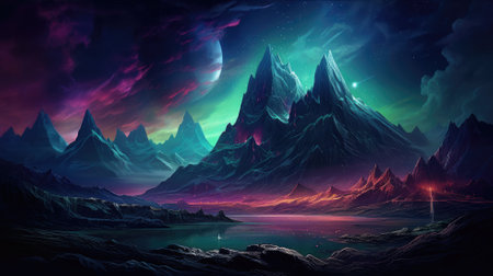 Fantasy alien planet. Mountain and lake. 3D illustration.の素材