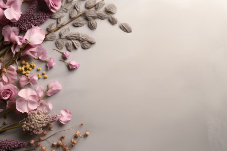 Beautiful flowers on grey background, flat lay. Space for textの素材