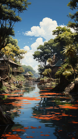 Tropical forest with river and bamboo house in the background.の素材