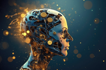 Cyborg head with gears and cogwheels. 3D renderingの素材