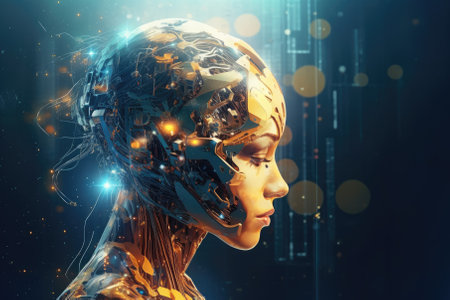 Cyborg woman with digital interface. 3d rendering toned image double exposureの素材