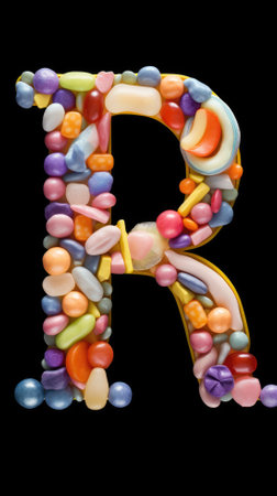 Alphabet letter R filled with colorful candies isolated on black backgroundの素材