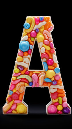 Alphabet made of colorful candies on black background. Letter Aの素材