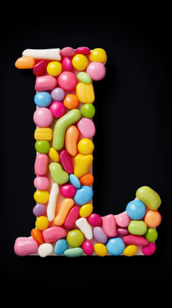 Colorful candies in the form of letters on a black backgroundの素材