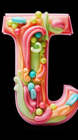 Colorful jelly candies in the shape of letter J on black backgroundの素材